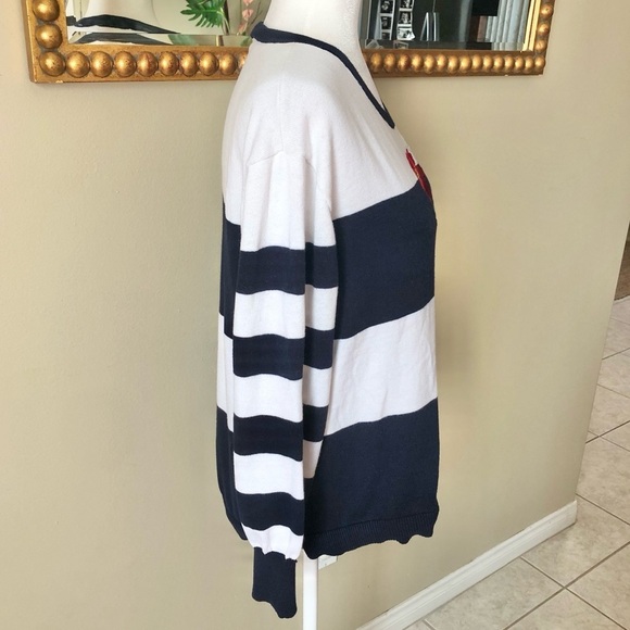 Elliott Lauren Embroidered Navy Striped Knit Pullover Cotton Sweater Large - Picture 3 of 7
